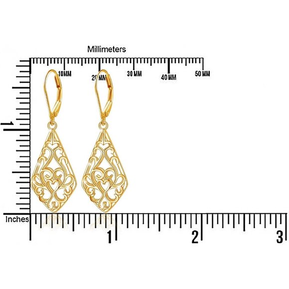 Leverback Dangle Earrings for Women Teardrop Filigree 14K Gold Plated Earrings - Picture 6 of 6